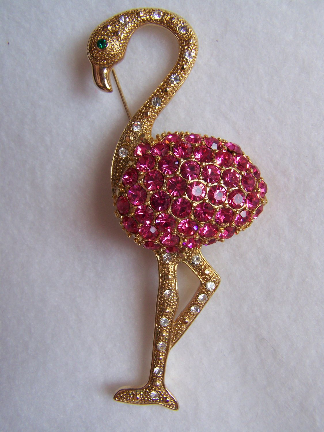 Vintage Pink Rhinestone Flamingo Pin Brooch Gold Tone Metal