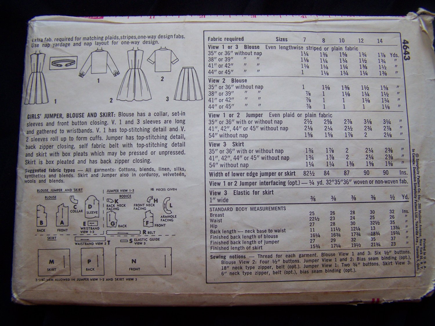 Vintage Girls Sewing Pattern 4643 Blouse Box Pleat Dress Jumper Skirt Belt