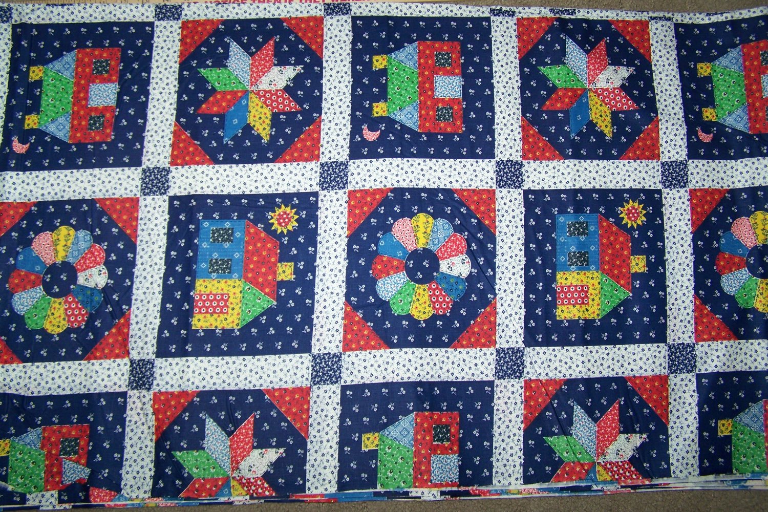 Vintage Blue Cotton Fabric Cheater Country Quilt Calico Blocks By The Yard