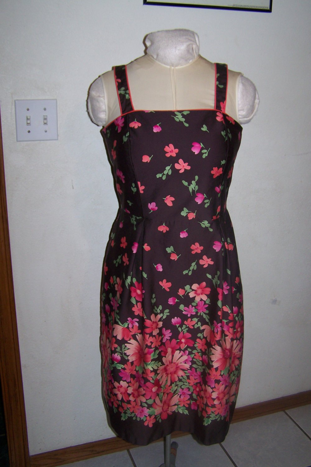 Womens Madison Leigh Sz 12 Sundress Built In Bra Brown W Bright Flowers 