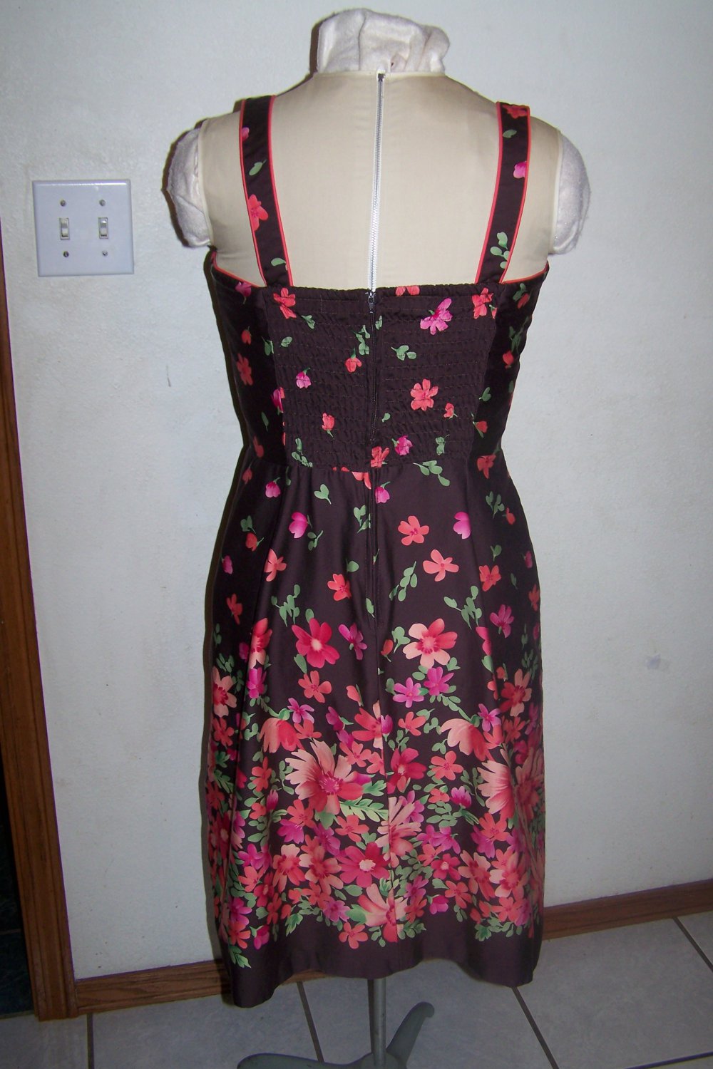 Womens Madison Leigh Sz 12 Sundress Built in Bra Brown w Bright Flowers ...