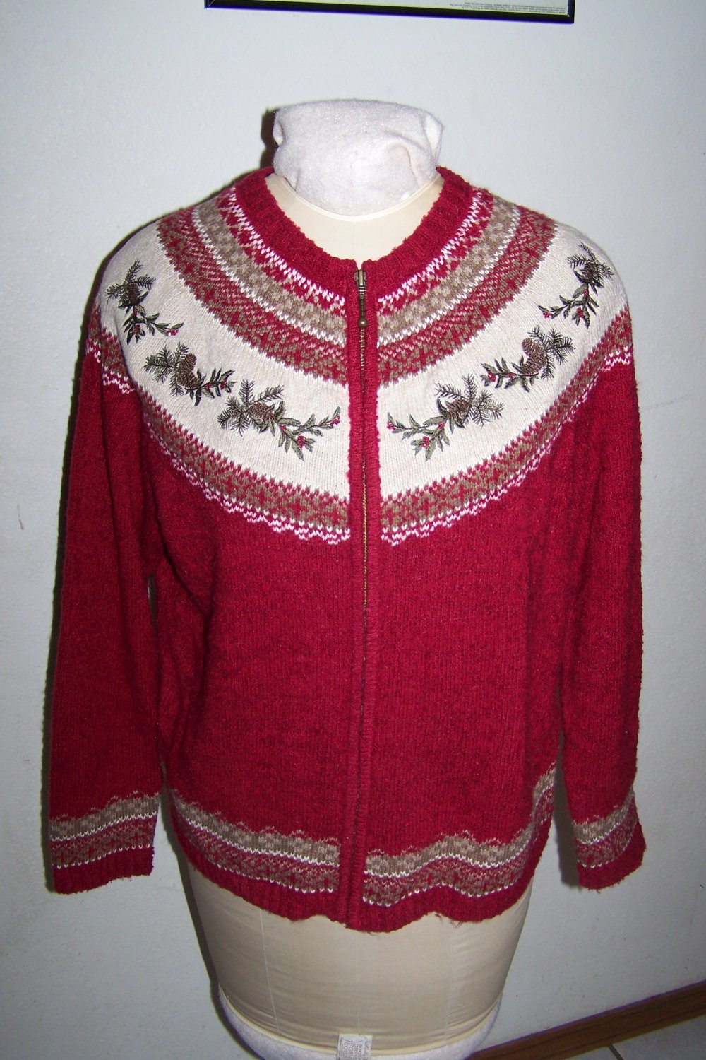Womens Large Zip Front Fair Isle Holiday Christmas Sweater Embroidered ...