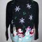 XL Ugly Christmas Party Pullover Sweater Black Aqua Beaded Embroidered Snowmen Snowflakes Stars