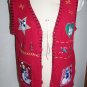 Womens Large Ugly Christmas Party Red Cardigan Sweater Vest Snowmen Appliqued Embroidered