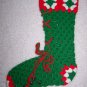 Vintage Crocheted Christmas Stocking Sock Lace Up Boot Jingle Bells Green Red White