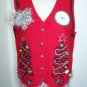 Ugly Christmas Sweater Snap Up Vest Swirl Trees Wool Presents Tinsel Garland Star Gaudy