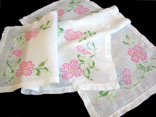 Pair of Hand Embroidered Pink Floral Linen Runners