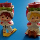 (2) VINTAGE LEFTON 4½" WINTER GALS SLEDDING SKIING CANDLEHOLDERS