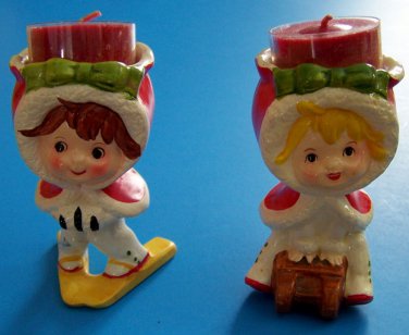 (2) VINTAGE LEFTON 4&Acirc;&frac12;" WINTER GALS SLEDDING SKIING CANDLEHOLDERS