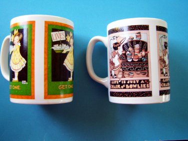 (2) MARY ENGELBREIT COFFEE CUPS MUGS "Lives Get One" Chair Bowlies Coffee Mugs