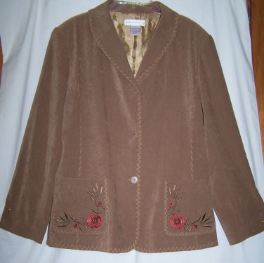 SUSAN GRAVER Style Faux Suede Camel Brown EMBROIDERED JACKET/COAT Size L