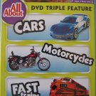 DVD TRIPLE FEATURE ALL ABOUT CARS MOTORCYCLES & FAST TRAINS  w/TOY CAR MIP