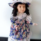 16" PORCELAIN FOWER PRINT GAL w/Stand. Brunette Curls- Brown Eyes   VGC