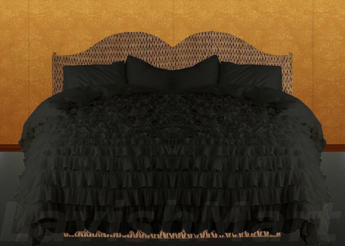 King/California King Size Black Ruffle Duvet Cover Set 3PC 1200TC