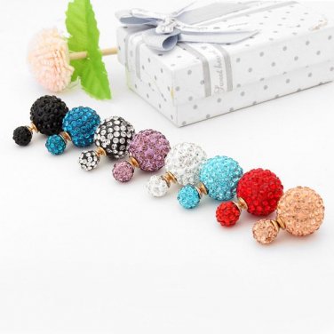 Full Rhinestone Crystal Double Balls Ear Stud Earrings For Women