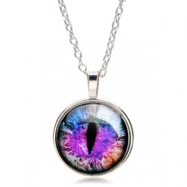 Vintage Dragon Cat Eye Glass Cabochon Silver Plated Pendant Necklace