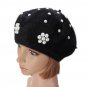 Women Ladies Rabbit Fur Cotton Flower Pearl Beaded Beret Hat Knitted Winter Soft Cap