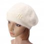 Women Ladies Rabbit Fur Cotton Flower Pearl Beaded Beret Hat Knitted Winter Soft Cap