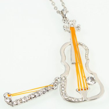 Stunning Violin Pendant Rhinestone Necklace Silver