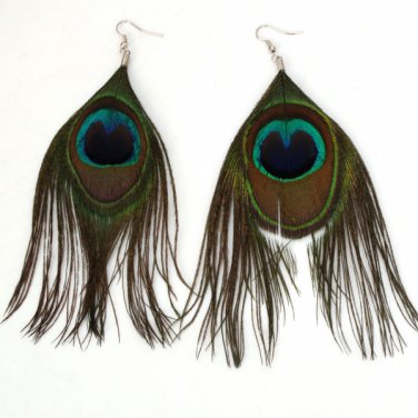 Green Elegant Fashionable Peacock Feather Drop Earrings