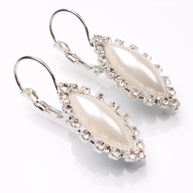 Small Silver Vintage Rhinestone Pearl Tear Drop Dangle Earrings