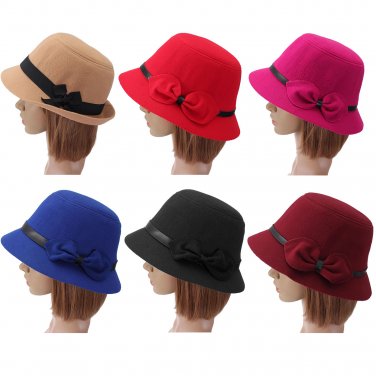 Women Ladies Bow Wool Imitation Fedora Bucket Cap Felt Wide Brim Bowler Cloche Hat