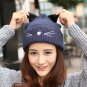 Women Ladies Cute Cat Ear Beard Embroidery Knitting Beanie Hat Elastic Acrylic Cap