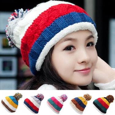 Women Ladies Crochet Beanie Hat Multi colored Coral Fleece Linen Ball Cap