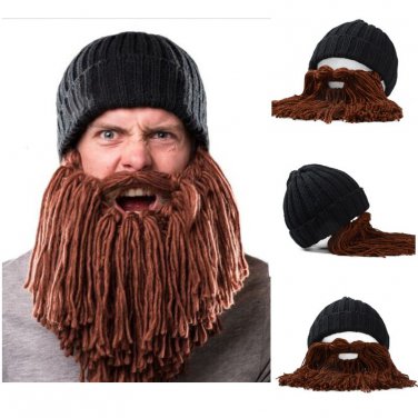Unisex Men Women Beard Barbarian Looter Knit Crochet Beanie Cap Vagabond Mustache Demountable Hat