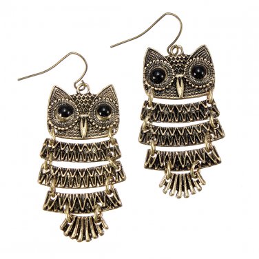 Retro Vintage Cute Owl Big Black Eyes Bronze Pendant Dangle Earring