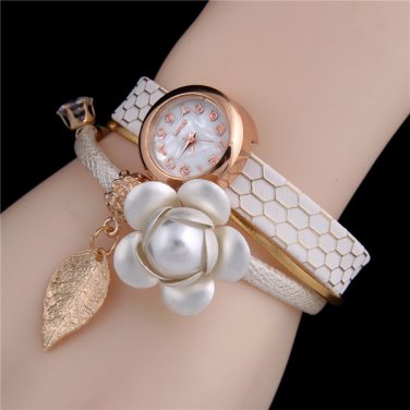 Women Flower Gold Color Leaf Pendant PU Leather Band Bracelet Quartz Fashion Girls Wrist Watch