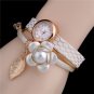 Women Flower Gold Color Leaf Pendant PU Leather Band Bracelet Quartz Fashion Girls Wrist Watch