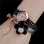 Women Flower Gold Color Leaf Pendant PU Leather Band Bracelet Quartz Fashion Girls Wrist Watch