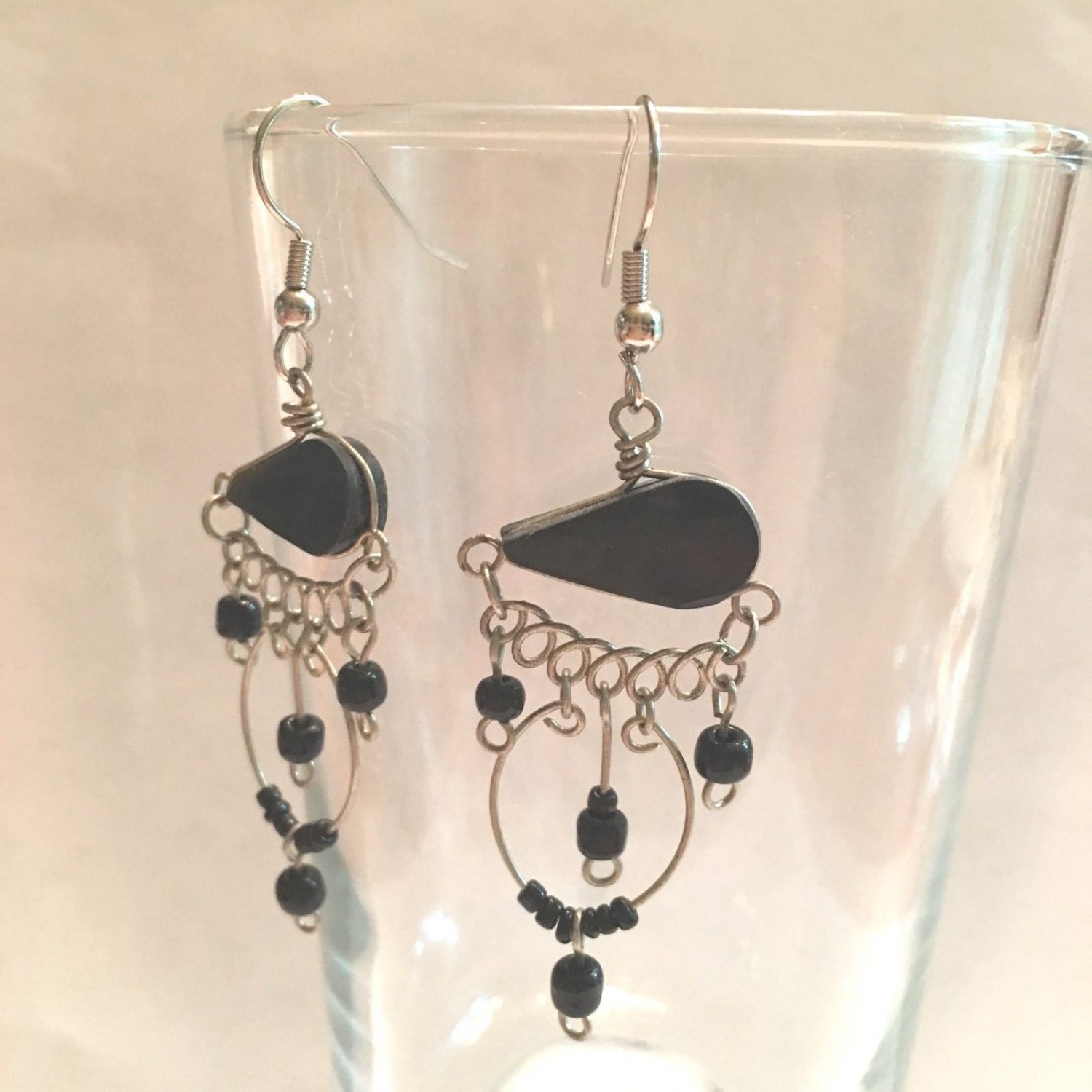 HANDMADE BLACK ONYX GEMSTONE & BEAD DANGLE EARRINGSTARNISH FREE SILVER TONE 40