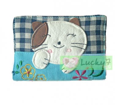 Credit Name Card Holder w/ Elastic Band : Blue Lucky Cat Flower Embroider