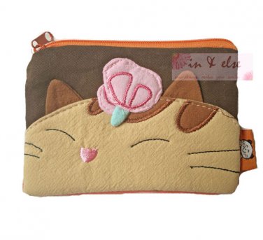 Coin Purse + Tissue Pouch : Brown Lucky Cat & Butterfly Cotton