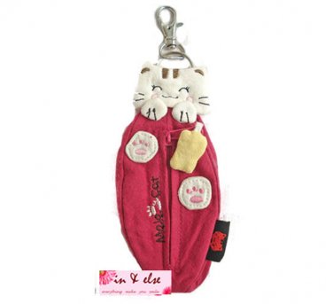 Dark Pink Lucky Cat Cotton Coin Purse w/ Key Chain Keyring