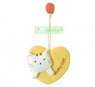 Cotton Fabric Key Chain Cover Holder / Lucky Cat Love & Heart / Yellow