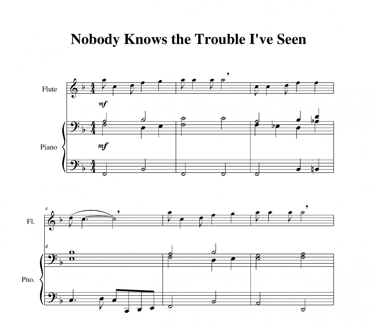 “Nobody Knows the Trouble I’ve Seen” flute sheet music Late Beginner ...