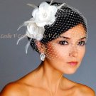 WHITE- 2 FLOWERS Fascinator Clips & RHINESTONE Birdcage Bridal VEIL  27-182(2)
