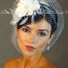 Ivory PEARL RHINESTONE Fascinator Feather Clip & BIRDCAGE Bridal VEIL 21 f55