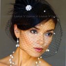 Black Fan Shaped Feather Fascinator and Rhinestone Birdcage Veil 27blk-32blk
