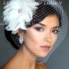 White Large Birdcage Bridal Veil & CRYSTAL BROOCH Fascinator Hair Clip 29L 71