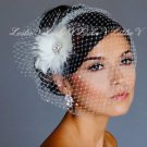 Ivory Petite Flower shaped Feather Brooch &Rhinestone Birdcage Bridal Veil 27-59