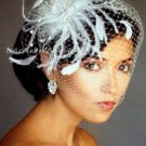 White Feather Spray Rhinestone Fascinator & Birdcage Bridal Veil 21 F25