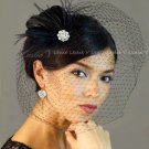 Black Fan Shaped Crystal Feather Fascinator and Birdcage New Veil 21blk-32blk