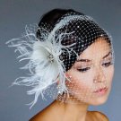 WHITE Rhinestone BROOCH Fascinator Headpiece & Rhinestone Bridal VEIL  27-58