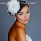 White Flower Shaped Feather Fascinator & Birdcage Bridal Veil Headpiece  21 F1