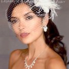 White PEARL Fascinator Clip & Rhinestone Birdcage Bridal Veil Headpiece  27-67