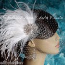 White CRYSTAL BROOCH Fascinator Hair Clip & Birdcage Bridal Veil Headpiece 21f35
